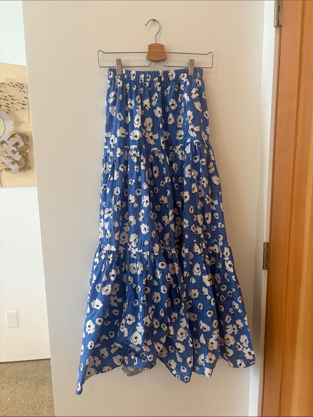 Zara Blue Floral Tiered Maxi Skirt with White Flowers